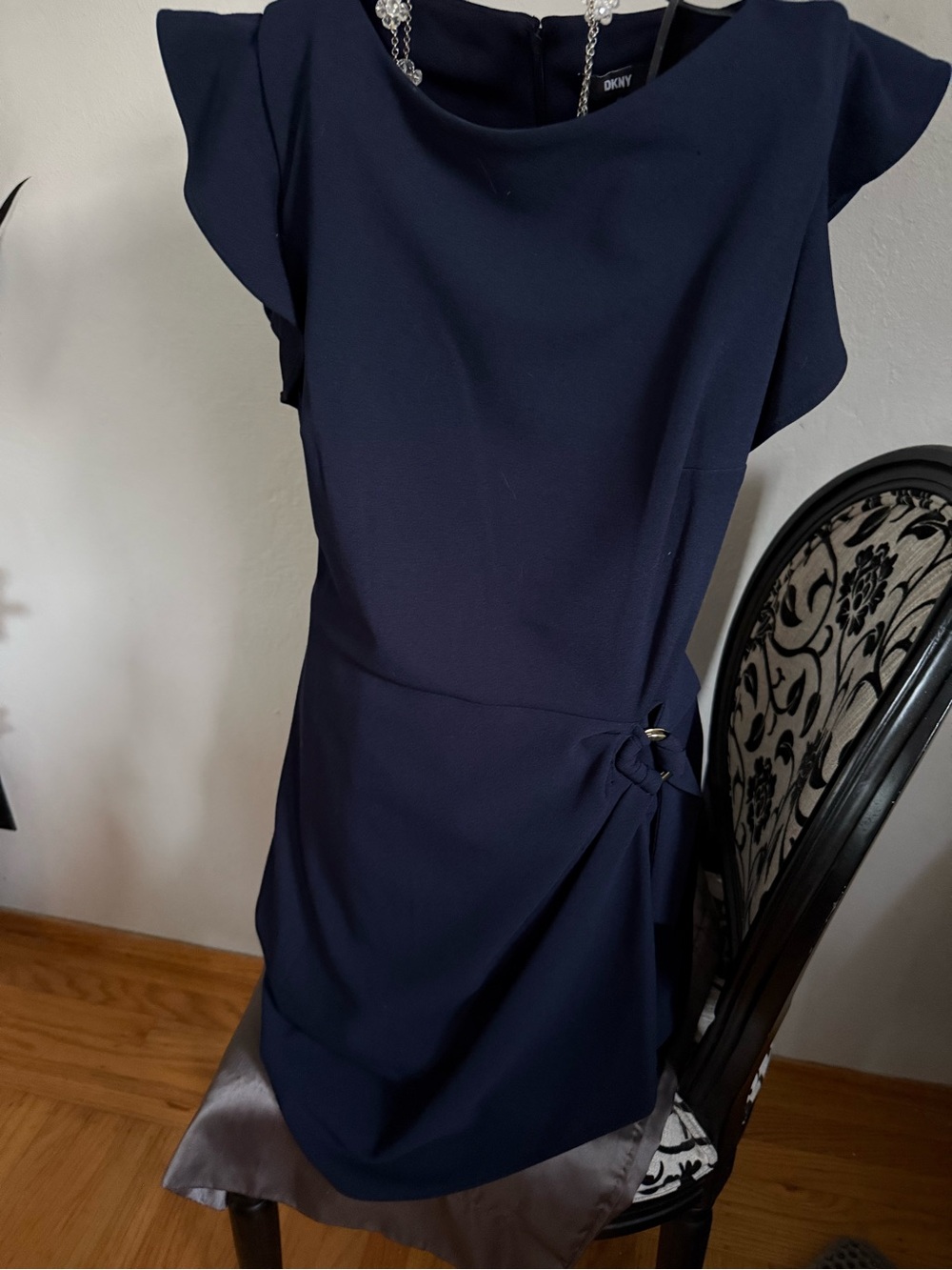 DKNY Navy Midi Dress with Flutter Sleeves and gold side buckle